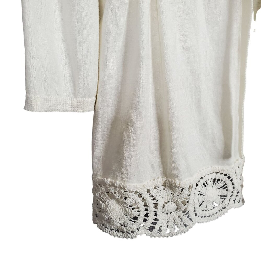 Ann Taylor Loft Sz L Cardigan Tie Front Lace Trim Pima Cotton Sweater 3/4 Sleeve - Picture 8 of 9